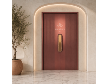 Luxury Precision Engraved Aluminum Entrance Door with Wood Veneer Interior Panel PU Foam Core