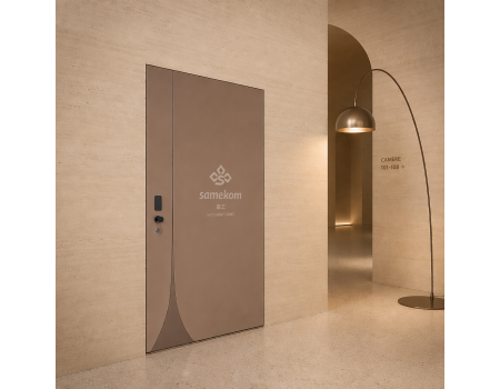 Modern Engraved Aluminum Entry Door with Solid Wood Veneer Panel Galvanized Steel Soundproof Base